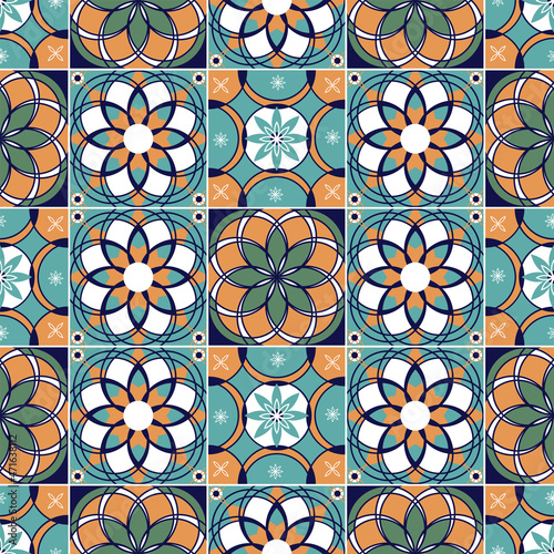 Seamless colorful patchwork tile with Islam, Arabic, Indian, ottoman motifs. Majolica pottery tile. Portuguese and Spain decor. Ceramic tile in talavera style. Vector illustration.