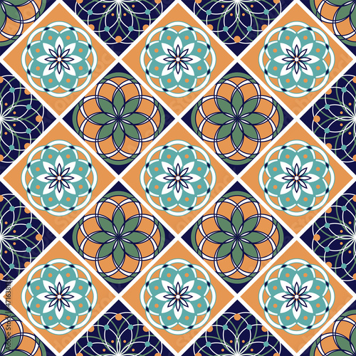 Seamless vintage pattern with an effect of attrition. Patchwork tiles. Hand drawn seamless abstract pattern from tiles. Azulejos tiles patchwork. Portuguese and Spain decor.