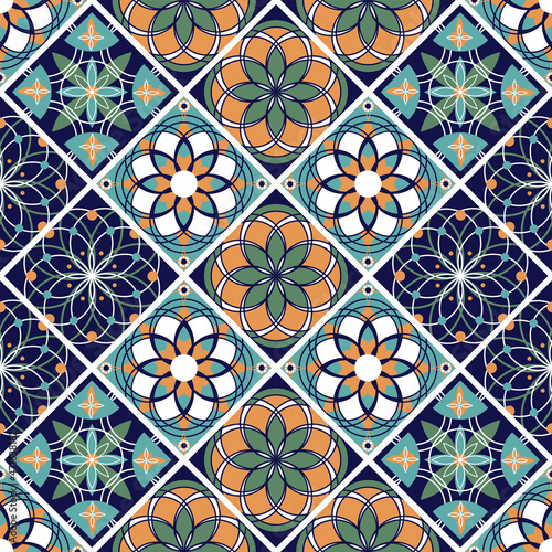 Seamless colorful patchwork in turkish style. Hand drawn background. Azulejos tiles patchwork. Portuguese and Spain decor. Islam, Arabic, Indian, ottoman motif. Perfect for printing on fabric or paper