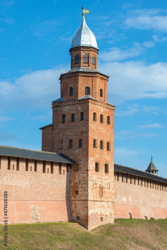 Kokui Tower is close-up on a sunny April afternoon. Detinets of Veliky Novgorod, Russia