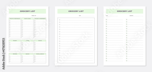 Minimalist grocery list planner design collection set, Set of Grocery List Planner design, Grocer list planner page design