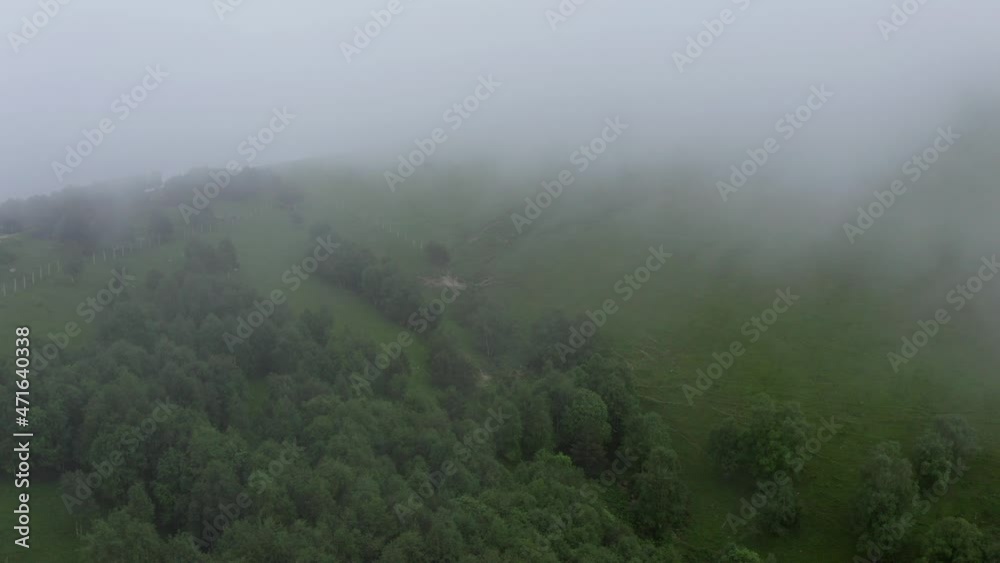 Aerial view. Drone flies over a green mountain with trees through clouds, fog. Horses, rams graze in the meadow on the mountainside. Landscape Nizhny Arkhyz North Caucasus Russia Aerial view. Drone flies over a green mountain with trees through clouds, fog. Horses, rams graze in the meadow on the mountainside. Landscape Nizhny Arkhyz North Caucasus Russia
