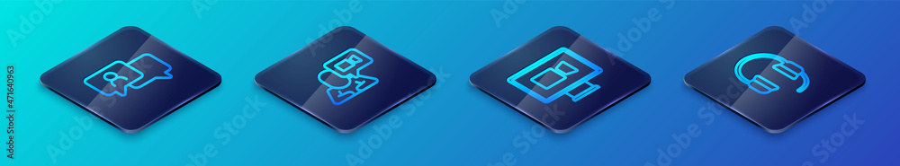 Set Isometric line Video chat conference, Speech bubble, Headphones and icon. Vector