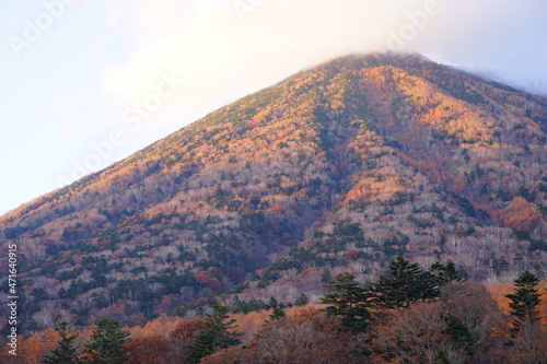 colored autumn mountain, Mt. Nantai in Nikko, Japan - 日光 男体山 紅葉