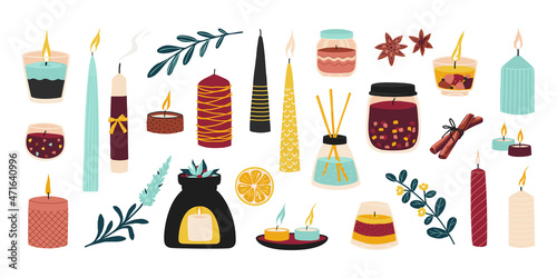 Cozy candles. Aromatic wax candlelight in jars. Candlesticks with cinnamon and anis for romantic evening, spa and relaxation. Aroma lamps and scented plants. Vector interior elements set