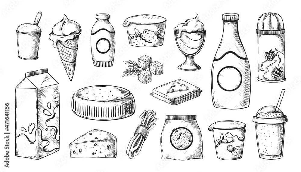 Milk sketch. Hand drawn dairy products in jugs and jars. Farm yogurt. Cottage cheese and butter engraving templates. Whipped cream bottle and curd packaging. Vector natural food set