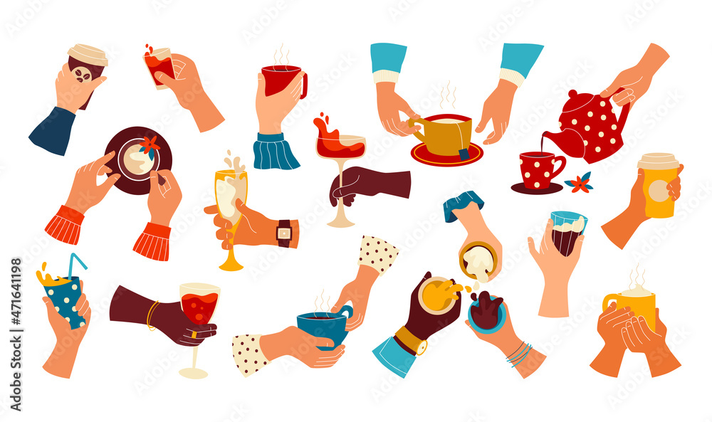 Hands with cups. Male and female arms with mugs of warm or alcohol beverages. People holding glasses for coffee wine and lemonade. Person pouring tea from teapot. Vector drinks set