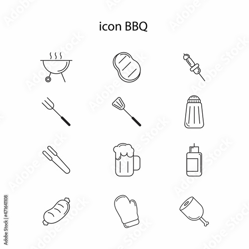 Set icon BBQ ,symbol, black outline, 12 icons, vector, illustration.

