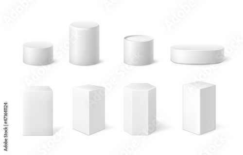 Realistic podium. 3D pillar geometric shapes for product platform. Empty white cylinder cube and hexagonal pedestal for museum exhibition. Vector showroom isolated block templates set