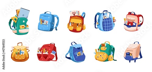 School bags. Cartoon backpack with education supplies and stationery. Notebook ruler equipment in satchel. Rucksacks collection. Students or pupils knapsacks. Vector schoolbags set