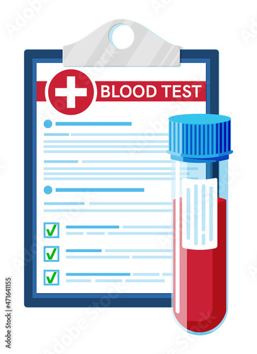 Test Tube with Blood Sample, Medical Form with Results Data Isolated. General Blood Analysis. Laboratory Container, Red Liquid. Medical Plastic Bag. Research Analysis. Flat Vector Illustration