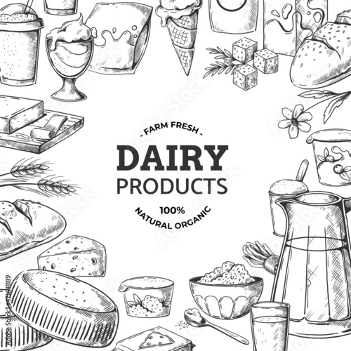 Dairy products framing. Hand drawn vintage background with engraved farm milk food. Butter and ice cream sketches. Natural yogurt. Cottage cheese and curd. Vector organic meal banner