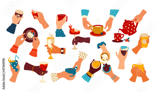 Hands with cups. Male and female arms with mugs of warm or alcohol beverages. People holding glasses for coffee wine and lemonade. Person pouring tea from teapot. Vector drinks set