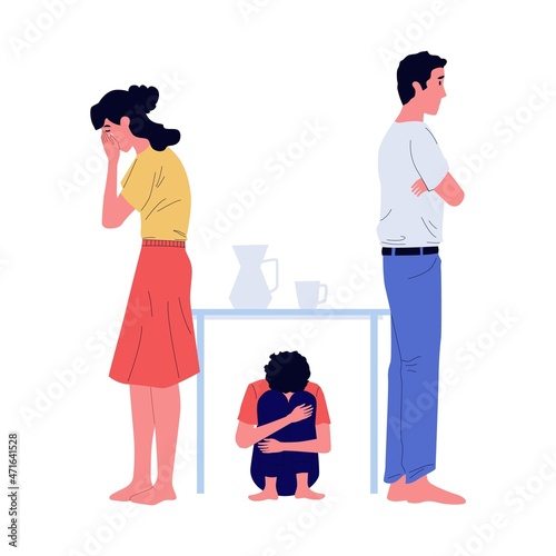 Mother and father quarreled. Offended kid under table. Family conflict. Unhappy persons disregard each other. People argue with boy. Disagreement or divorce. Vector crisis relationship