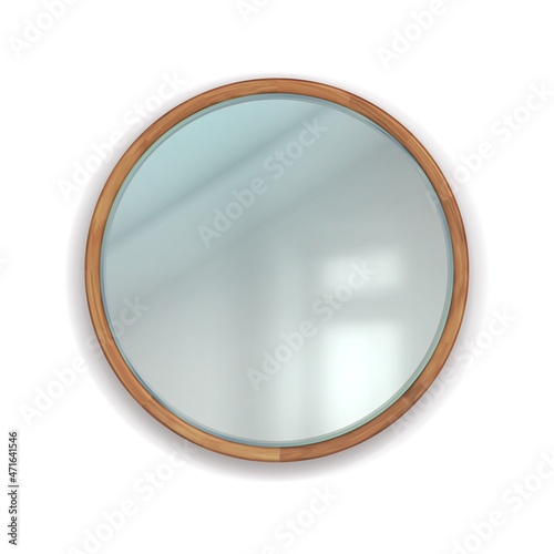 Realistic round mirror with wooden frame. Home interior element. 3D bathroom or bedroom wall decoration. Geometric reflective surface in wood border. Makeup supplies. Vector furniture