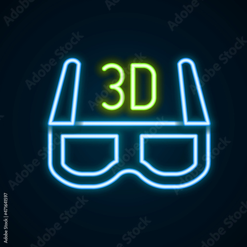 Glowing neon line 3D cinema glasses icon isolated on black background. Colorful outline concept. Vector