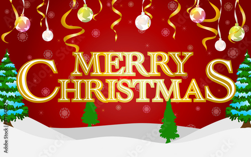 merry christmas everyone snow and trees background with letters and elements