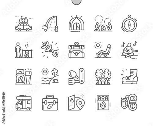 Camping outdoor. Relax, fishing and playing guitar. Road map. Adventure and tourism. Outdoor recreation. Pixel Perfect Vector Thin Line Icons. Simple Minimal Pictogram