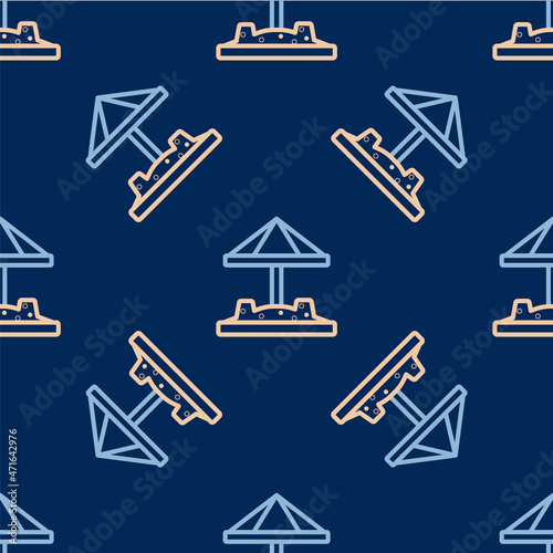 Line Sandbox for kids with sand and umbrella icon isolated seamless pattern on blue background. Vector