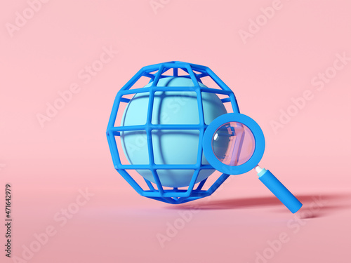 3d illustration website search engine optimization. illustration of world with magnifier icon
