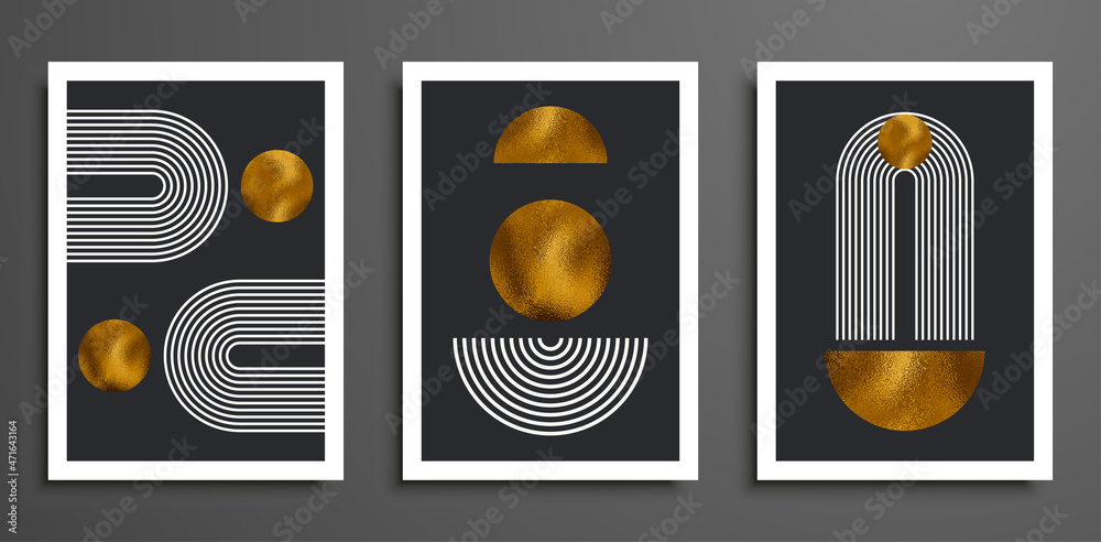 Set of modern minimalist mid century style abstract backgrounds. Wall art prints design. Simple geometric shapes. Boho line arch, textured circle, sun, moon, rainbow. Golden circle texture.