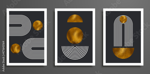 Set of modern minimalist mid century style abstract backgrounds. Wall art prints design. Simple geometric shapes. Boho line arch, textured circle, sun, moon, rainbow. Golden circle texture.