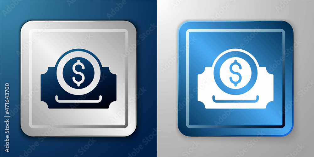 White Cinema ticket icon isolated on blue and grey background. Silver and blue square button. Vector White Cinema ticket icon isolated on blue and grey background. Silver and blue square button. Vector