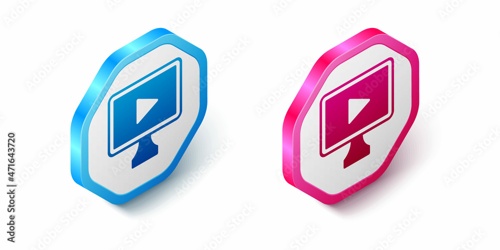 Isometric Online play video icon isolated on white background. Film strip with play sign. Hexagon button. Vector Isometric Online play video icon isolated on white background. Film strip with play sign. Hexagon button. Vector