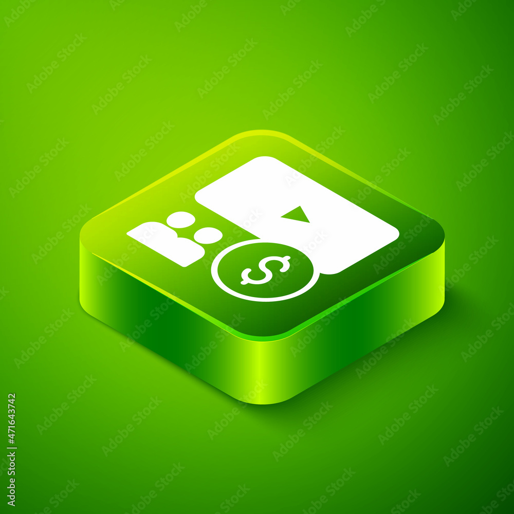 Isometric Cinema auditorium with screen icon isolated on green background. Green square button. Vector Isometric Cinema auditorium with screen icon isolated on green background. Green square button. Vector