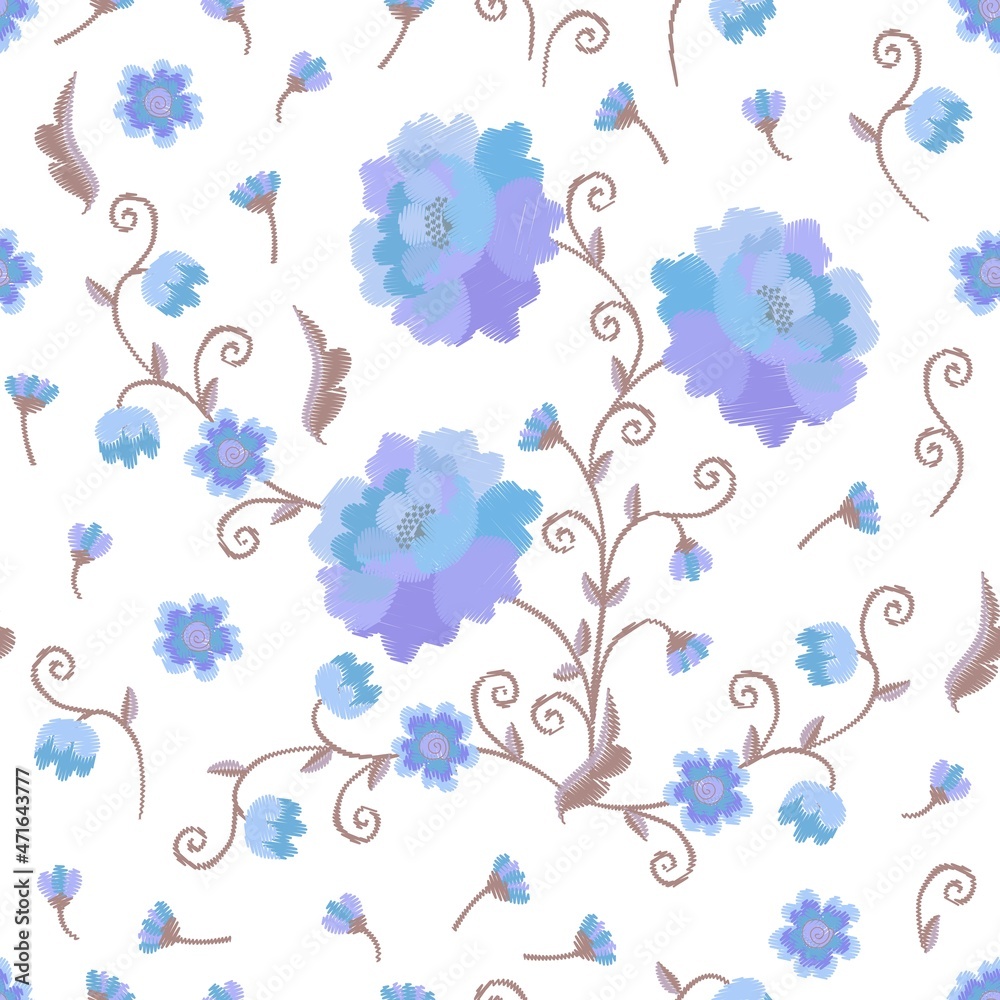 Cute seamless pattern with embroidered flowers on white background.