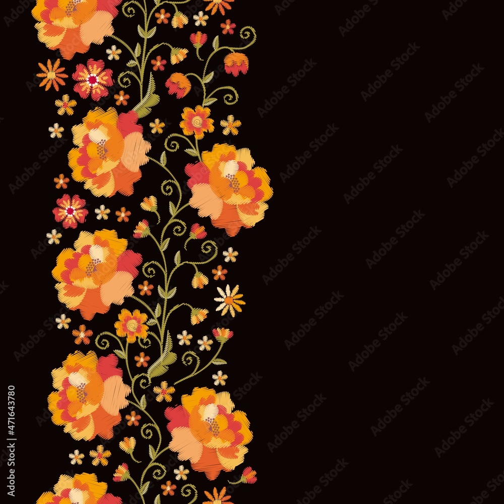 Beautiful floral embroidery. Vertical seamless border with bright flowers on black background. Card template with place for text.