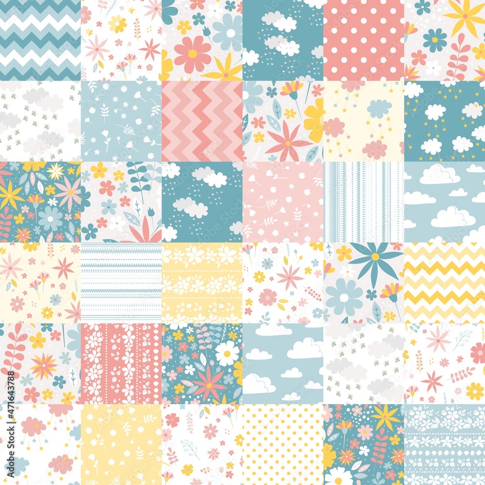 Cute seamless patchwork pattern from square patches with flowers, clouds, and geometric ornaments. Print for fabric. Quilt design for children room. - obrazy, fototapety, plakaty 