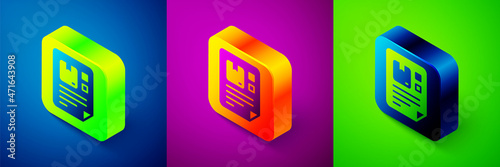 Isometric Waybill icon isolated on blue, purple and green background. Square button. Vector