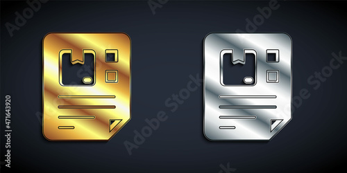 Gold and silver Waybill icon isolated on black background. Long shadow style. Vector