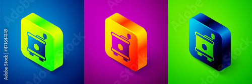 Isometric Honey extractor icon isolated on blue, purple and green background. Mechanical device for honey extraction from honeycombs. Square button. Vector