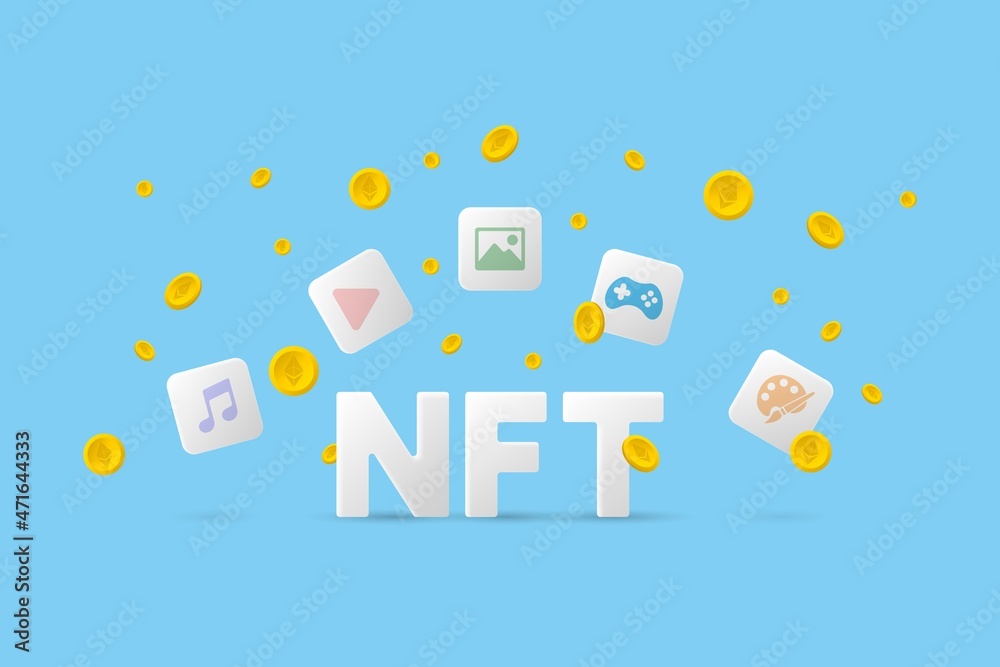 NFT (Non Fungible Token) concept in simple 3d illustration. Blue sky background, crypto coin, cube, music, video, photo, game, art symbols.