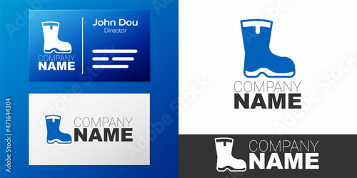 Logotype Fishing boots icon isolated on white background. Waterproof rubber boot. Gumboots for rainy weather, fishing, hunter, gardening. Logo design template element. Vector