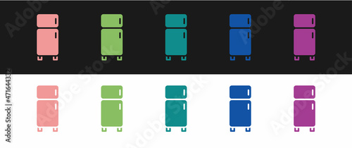 Set Refrigerator icon isolated on black and white background. Fridge freezer refrigerator. Household tech and appliances. Vector