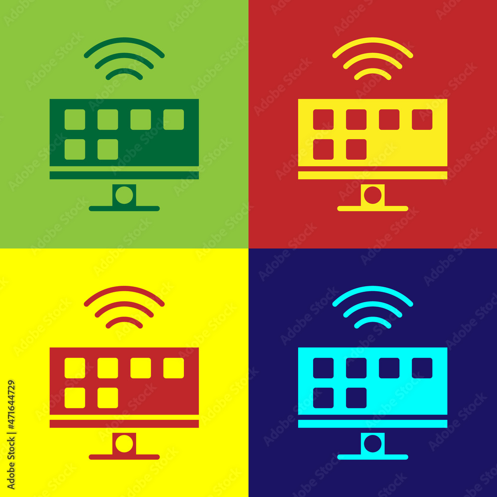 Pop art Smart Tv system icon isolated on color background. Television sign. Internet of things concept with wireless connection. Vector Pop art Smart Tv system icon isolated on color background. Television sign. Internet of things concept with wireless connection. Vector