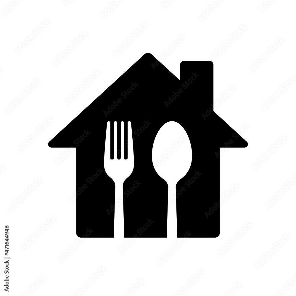Fototapeta premium Home with spoon and fork icon, House cooking logo, Homemade food concept, Vector illustration