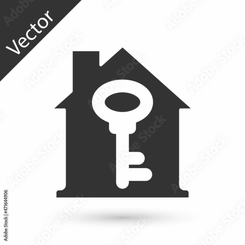 Grey House with key icon isolated on white background. The concept of the house turnkey. Vector