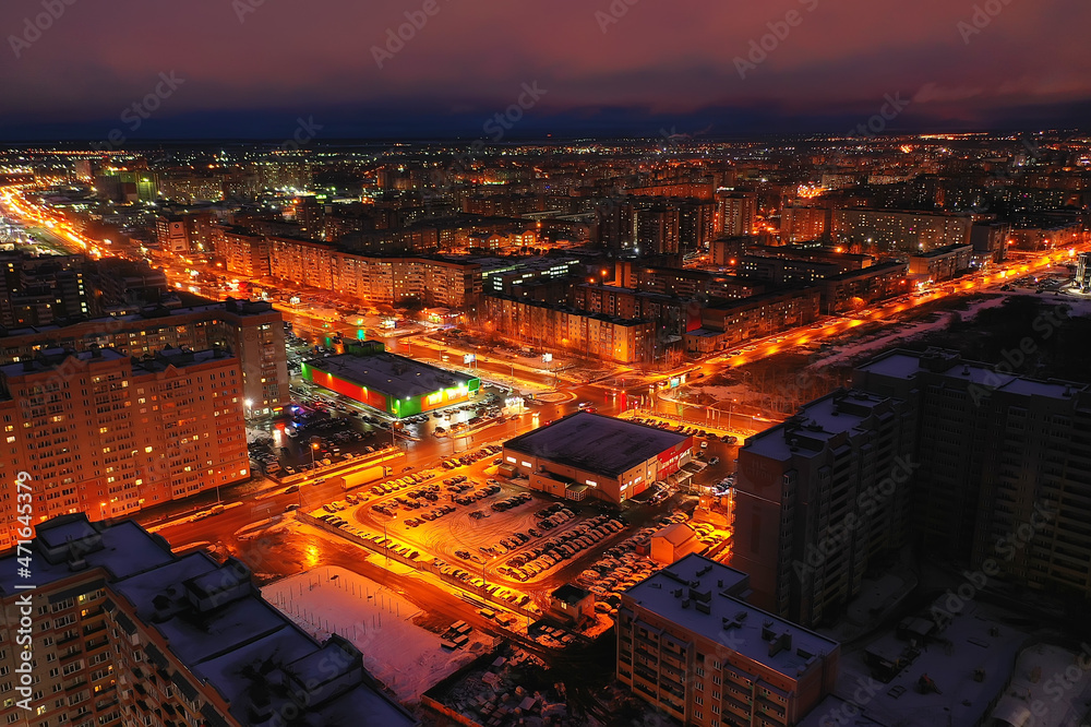 night city top view winter, architecture top roof facade lights