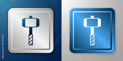 White Medieval battle hammer icon isolated on blue and grey background. Silver and blue square button. Vector