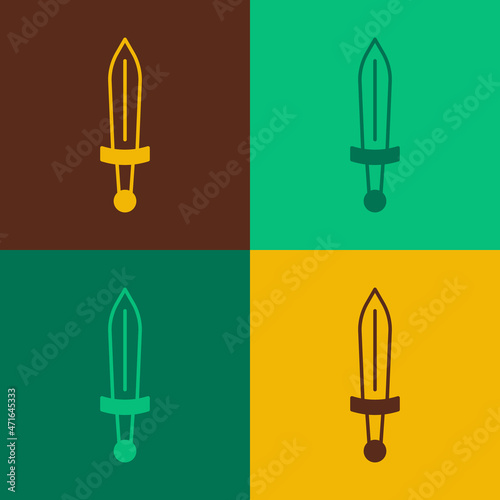 Pop art Medieval sword icon isolated on color background. Medieval weapon. Vector