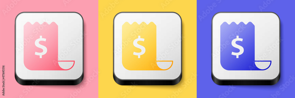 Isometric Paper check and financial check icon isolated on pink, yellow and blue background. Paper print check, shop receipt or bill. Square button. Vector Isometric Paper check and financial check icon isolated on pink, yellow and blue background. Paper print check, shop receipt or bill. Square button. Vector