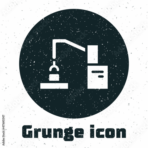 Grunge Industrial machine robotic robot arm hand factory icon isolated on white background. Industrial robot manipulator. Monochrome vintage drawing. Vector