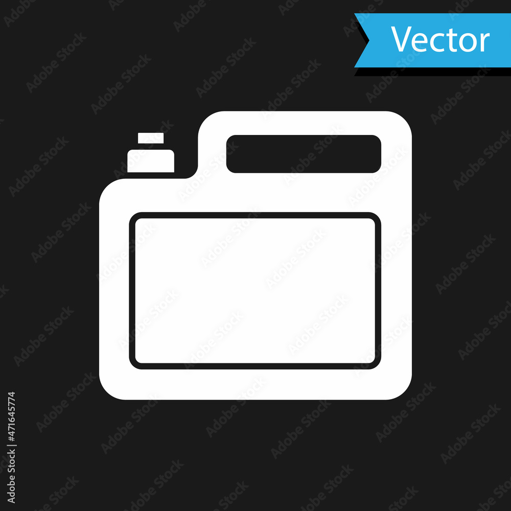 White Canister for motor machine oil icon isolated on black background. Oil gallon. Oil change service and repair. Engine oil sign. Vector White Canister for motor machine oil icon isolated on black background. Oil gallon. Oil change service and repair. Engine oil sign. Vector