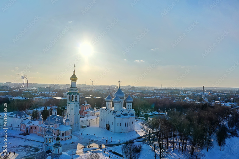 Vologda cathedral winter landscape aerial view from drone