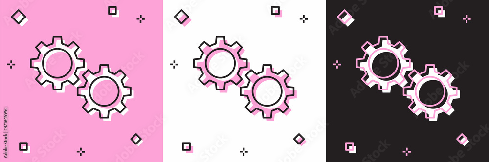 Set Gear icon isolated on pink and white, black background. Cogwheel gear settings sign. Cog symbol. Vector Set Gear icon isolated on pink and white, black background. Cogwheel gear settings sign. Cog symbol. Vector