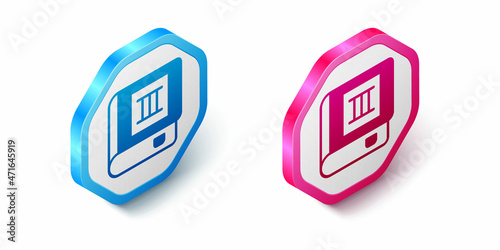 Isometric Book icon isolated on white background. Third volume. Hexagon button. Vector
